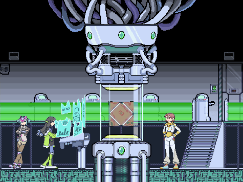 Yuuko, Mai, and Mio stand around a large sci-fi tube holding a floating wooden cube