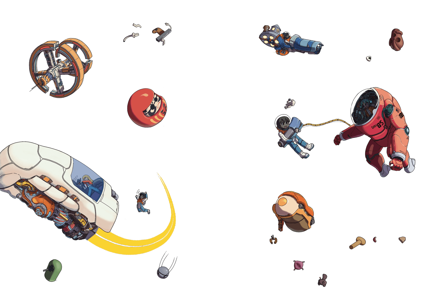 Various objects familiar to Nichijou float in near-Earth orbit, along with a mech suit piloted by Mio and tethering Yuuko, as well as spaceships driven by Hakase and Mai.